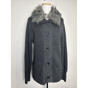 Coldwater Creek Faux‎ Fur Collar Cardigan Sweater Sz Small Gray Wool Preppy Glam
